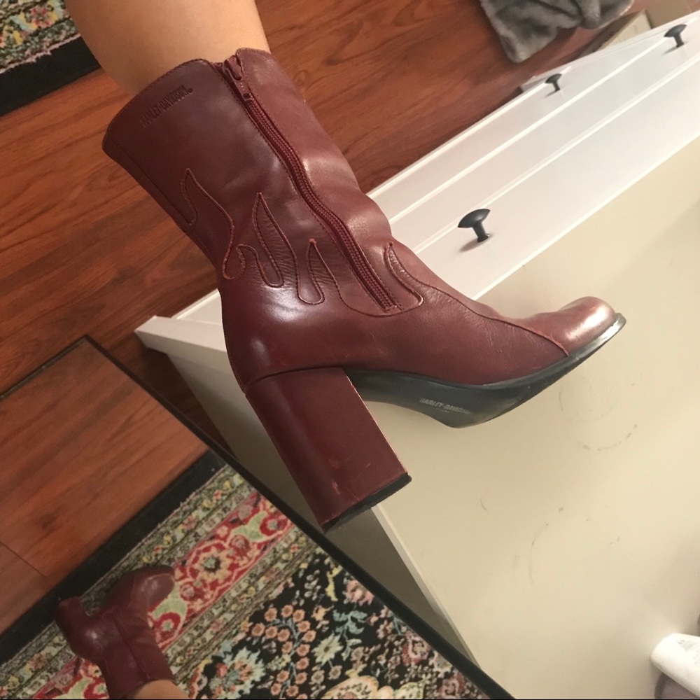 vintage red leather chunky heel with flames